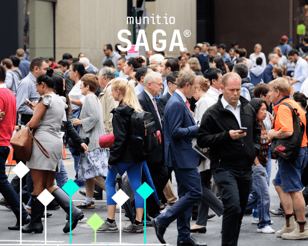 A visual representation of the digital crowd — individuals moving through the online world. With SAGA by Munit.io, personal data is protected and identities are managed securely in a complex, high-traffic digital landscape.