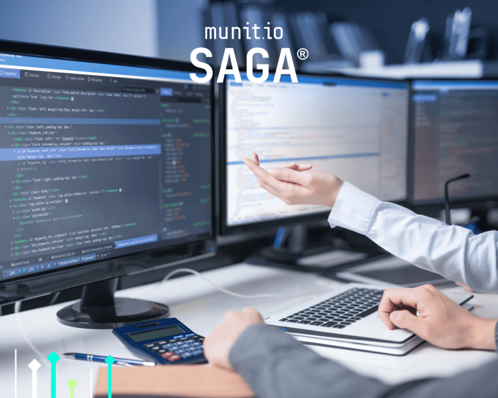 Technical experts analyzing code and managing digital systems — a behind-the-scenes look at data protection and secure infrastructure. With SAGA by Munit.io, organizations can monitor, control, and safeguard sensitive data across digital environments.