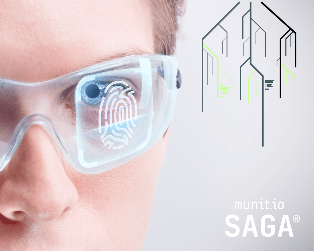 A close-up of a person wearing smart glasses with a digital fingerprint overlay, illustrating biometric risks and what is a cyber threat in identity security.