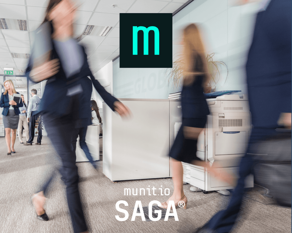 Professionals moving through a modern office with the Munit.io SAGA® logo, representing proactive Threat Intelligence for MSSPs and Resellers to protect clients from evolving cyber threats.