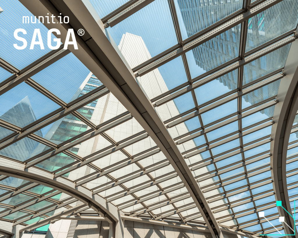 Modern glass building structures viewed through a steel and glass canopy, symbolizing interconnected digital ecosystems and corporate visibility—illustrating what are external digital risks in today’s global business environment.