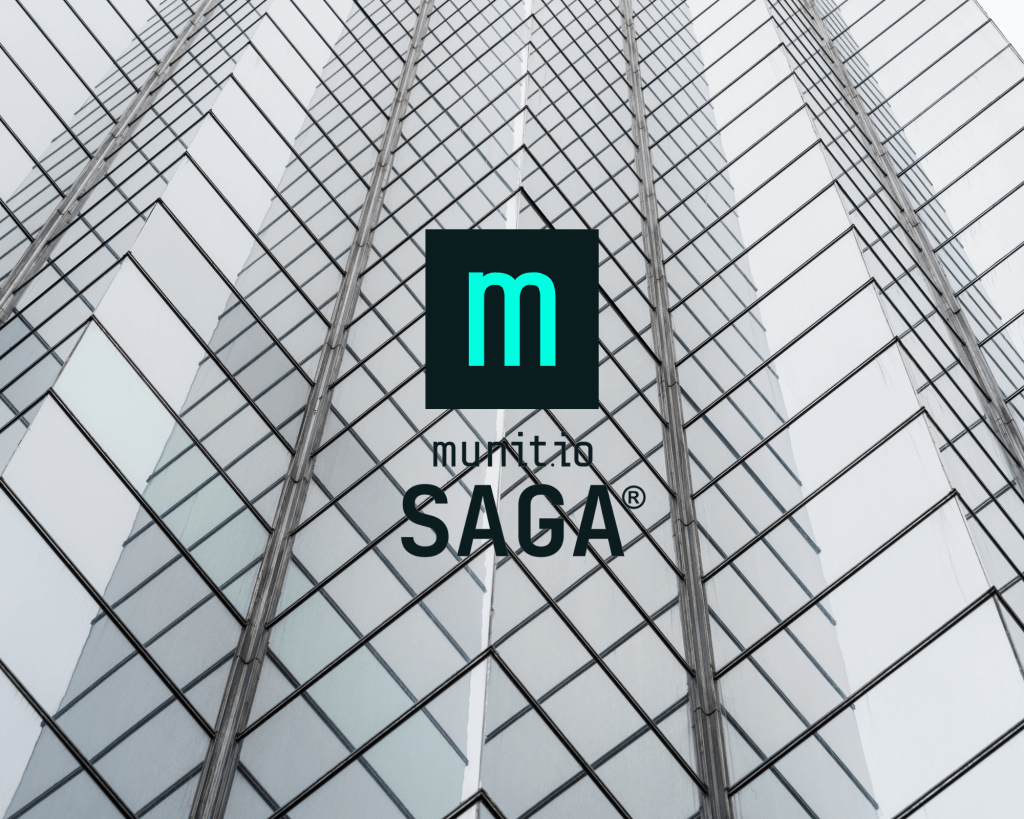 Modern glass office buildings with the Munit.io SAGA logo overlaid, illustrating enterprise environments targeted when examining how cybercriminals use AI to scale and automate digital attacks.